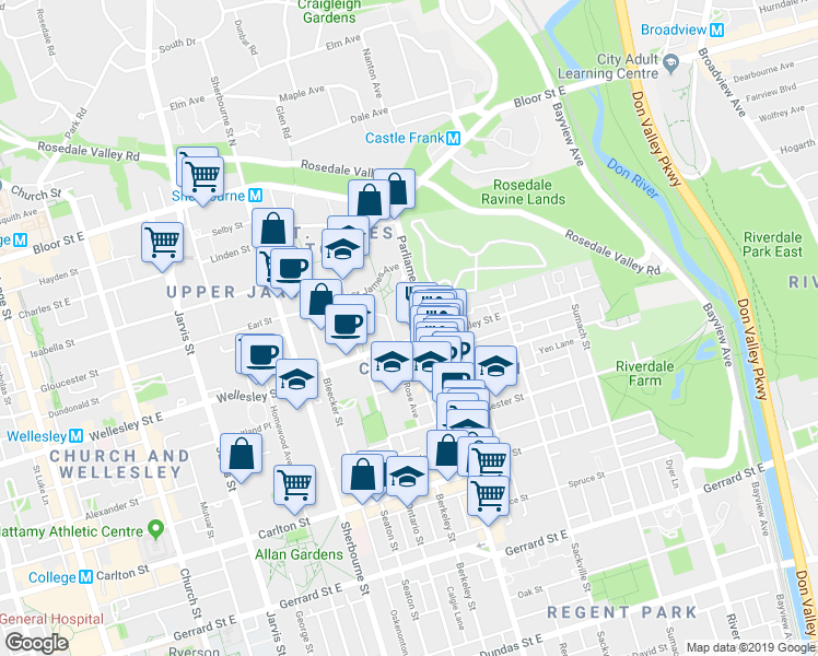 map of restaurants, bars, coffee shops, grocery stores, and more near in Toronto