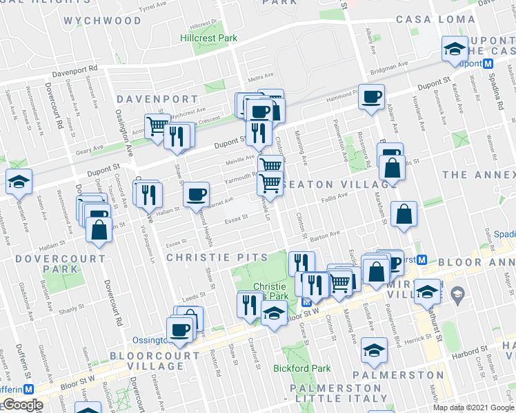 map of restaurants, bars, coffee shops, grocery stores, and more near 41 Essex Street in Toronto