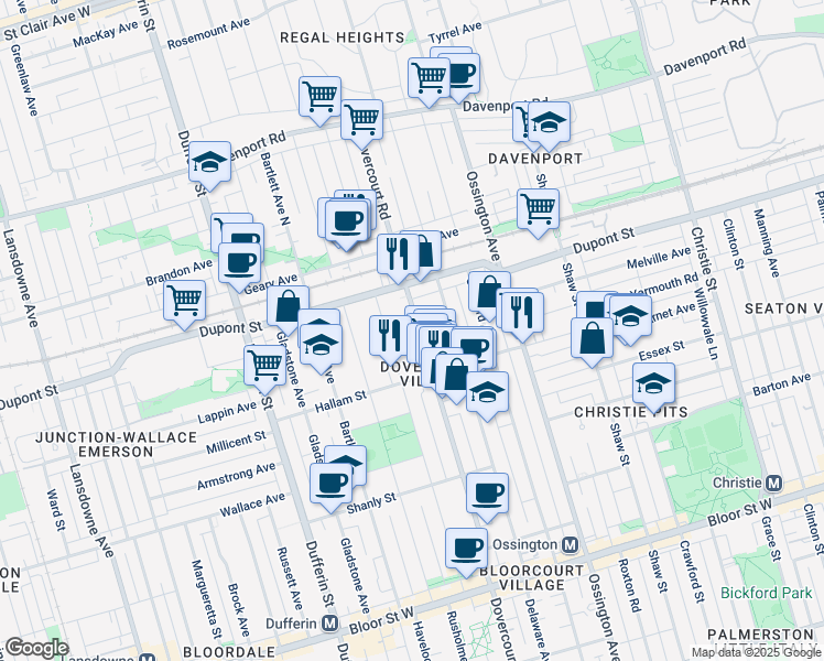 map of restaurants, bars, coffee shops, grocery stores, and more near in Toronto
