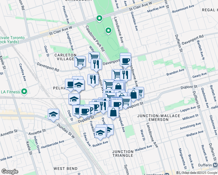 map of restaurants, bars, coffee shops, grocery stores, and more near 8 Wiltshire Avenue in Toronto