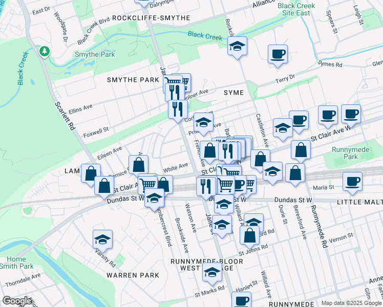 map of restaurants, bars, coffee shops, grocery stores, and more near 673 Jane Street in Toronto