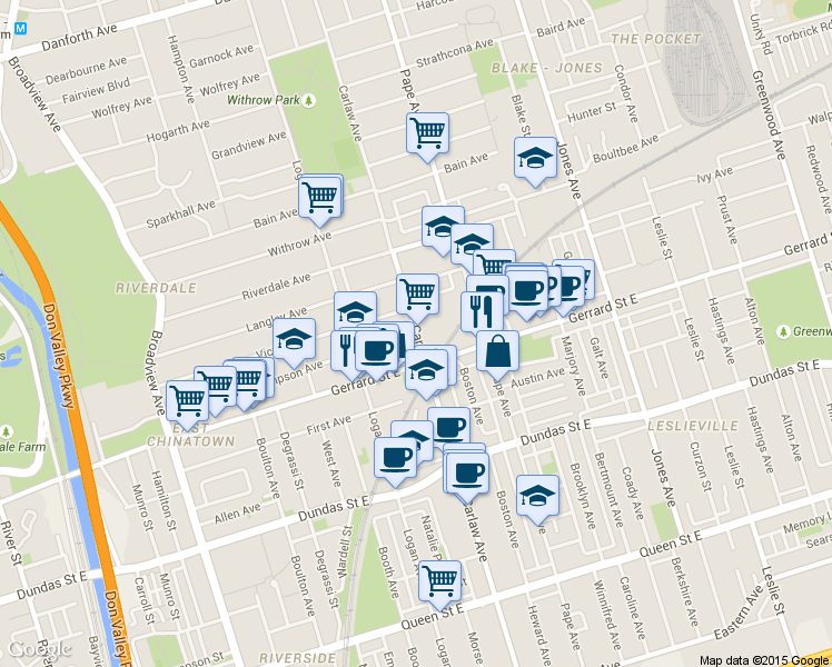 map of restaurants, bars, coffee shops, grocery stores, and more near 214 Simpson Avenue in Toronto