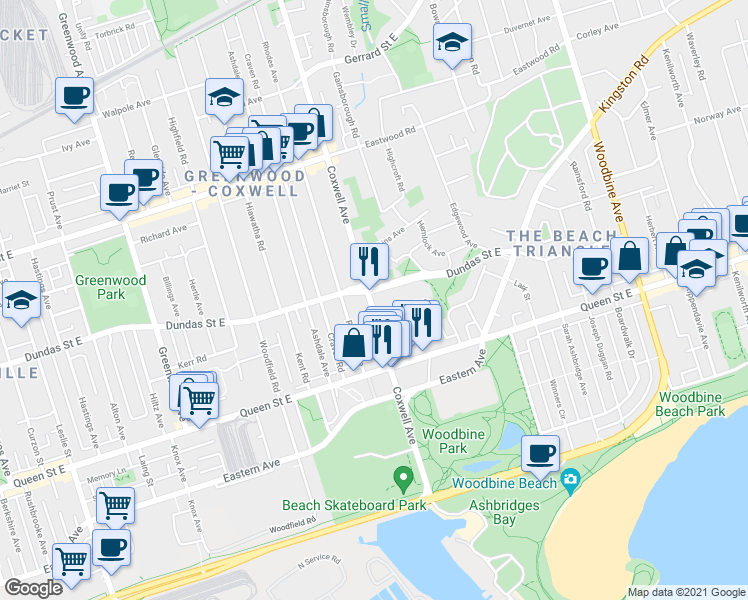 map of restaurants, bars, coffee shops, grocery stores, and more near 65 Coxwell Avenue in Toronto