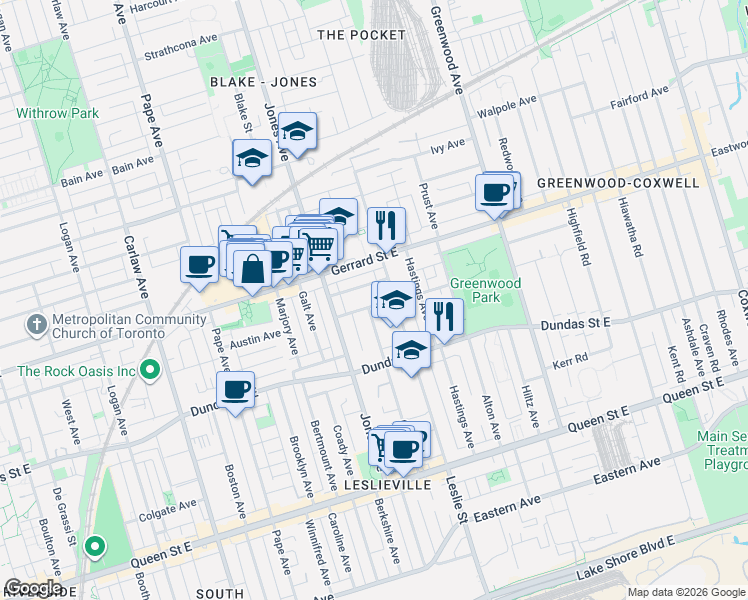 map of restaurants, bars, coffee shops, grocery stores, and more near 54 Sproat Avenue in Toronto