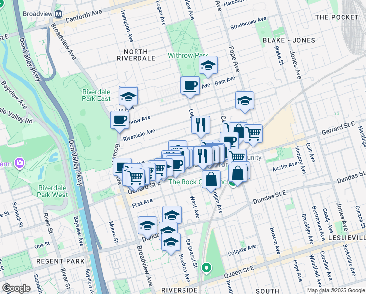 map of restaurants, bars, coffee shops, grocery stores, and more near 146 Victor Avenue in Toronto