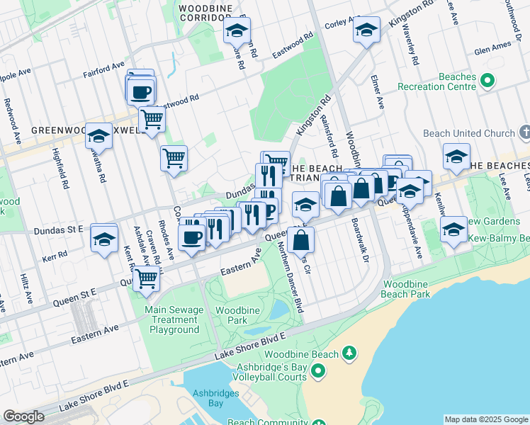 map of restaurants, bars, coffee shops, grocery stores, and more near 12 Kingston Road in Toronto