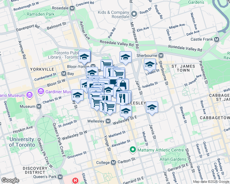 map of restaurants, bars, coffee shops, grocery stores, and more near 66 Isabella Street in Toronto