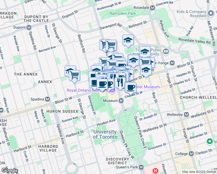 map of restaurants, bars, coffee shops, grocery stores, and more near 198 Bloor Street West in Toronto