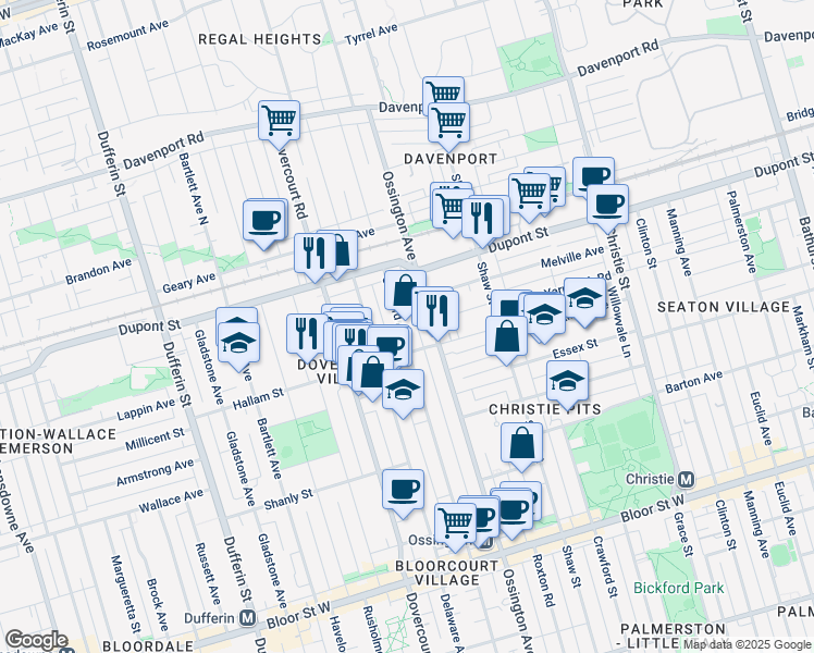map of restaurants, bars, coffee shops, grocery stores, and more near 551 Concord Avenue in Toronto