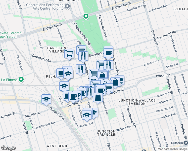 map of restaurants, bars, coffee shops, grocery stores, and more near 10 Wiltshire Avenue in Toronto