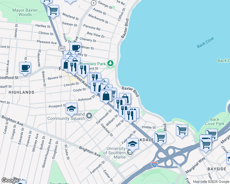 map of restaurants, bars, coffee shops, grocery stores, and more near 9 Ricker Park in Portland