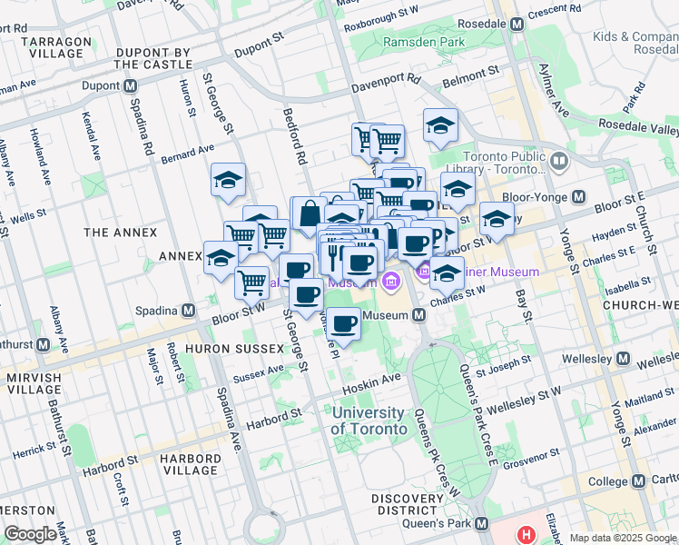 map of restaurants, bars, coffee shops, grocery stores, and more near 1 Bedford Road in Toronto