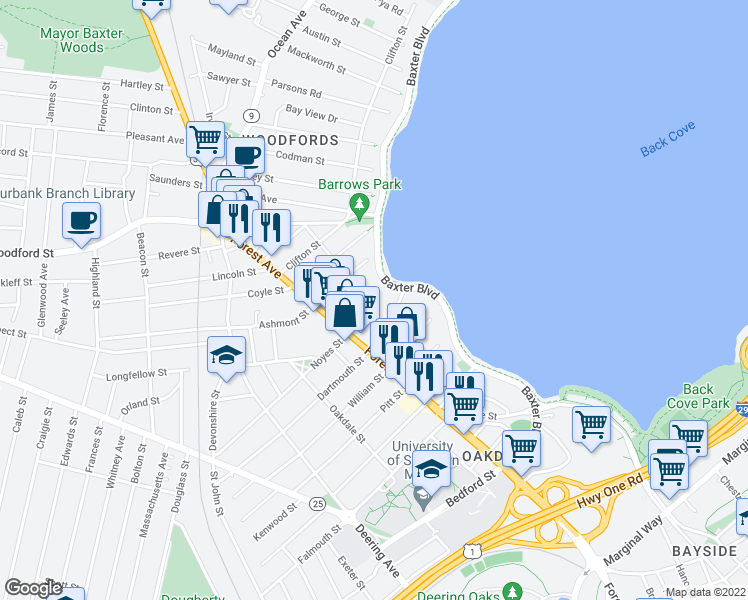 map of restaurants, bars, coffee shops, grocery stores, and more near 9 Ricker Park in Portland