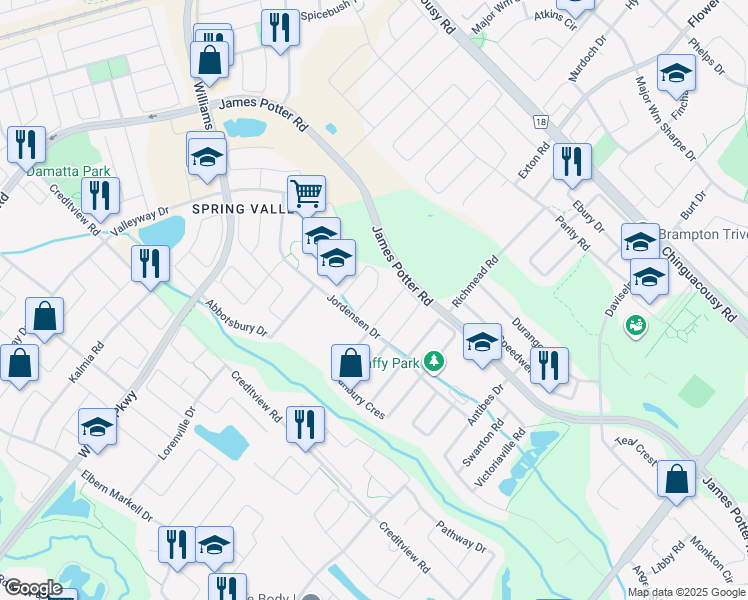 map of restaurants, bars, coffee shops, grocery stores, and more near 17 Dawes Road in Brampton