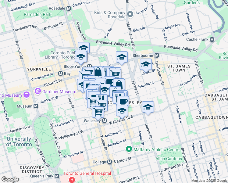 map of restaurants, bars, coffee shops, grocery stores, and more near 55 Isabella Street in Toronto