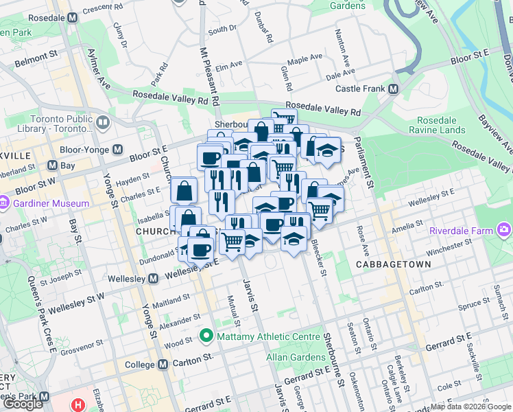 map of restaurants, bars, coffee shops, grocery stores, and more near 10 Earl Street in Toronto