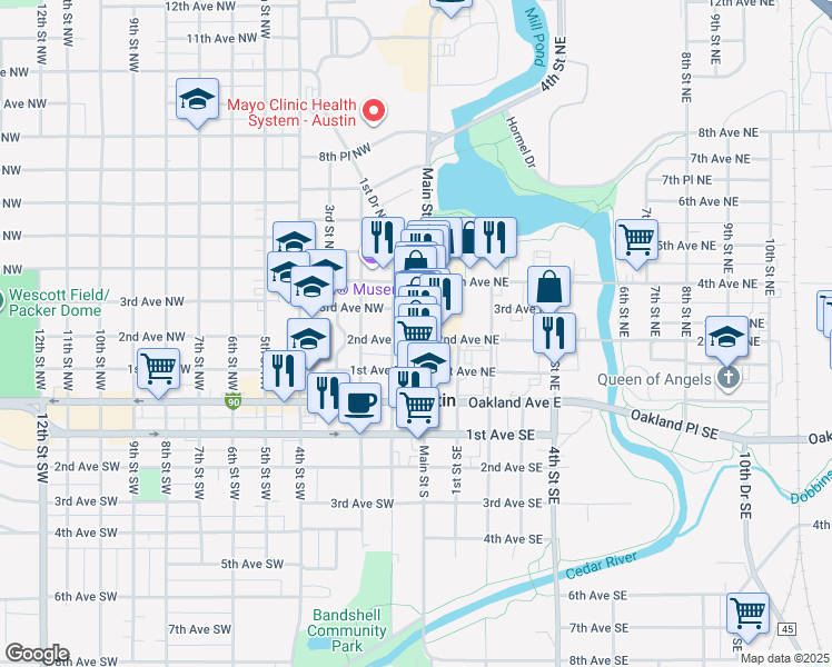 map of restaurants, bars, coffee shops, grocery stores, and more near 315 Main Street North in Austin