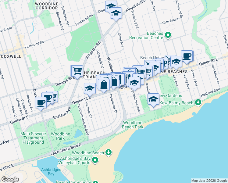 map of restaurants, bars, coffee shops, grocery stores, and more near 183 Boardwalk Drive in Toronto