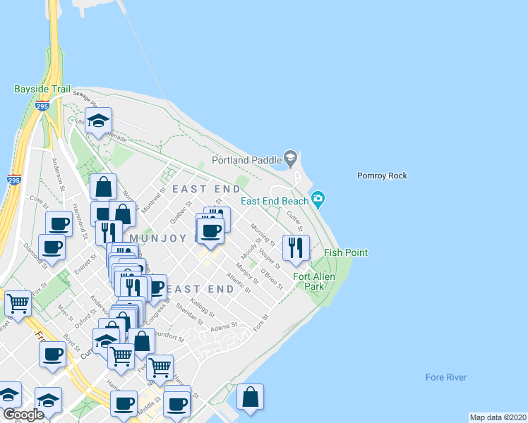 map of restaurants, bars, coffee shops, grocery stores, and more near 164 Eastern Promenade in Portland