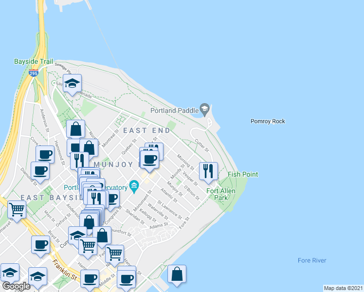 map of restaurants, bars, coffee shops, grocery stores, and more near 164 Eastern Promenade in Portland