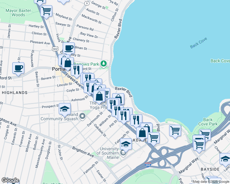 map of restaurants, bars, coffee shops, grocery stores, and more near 18 Dartmouth Street in Portland