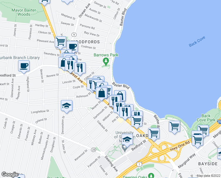 map of restaurants, bars, coffee shops, grocery stores, and more near 9 Ricker Park in Portland