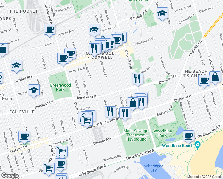 map of restaurants, bars, coffee shops, grocery stores, and more near in Toronto