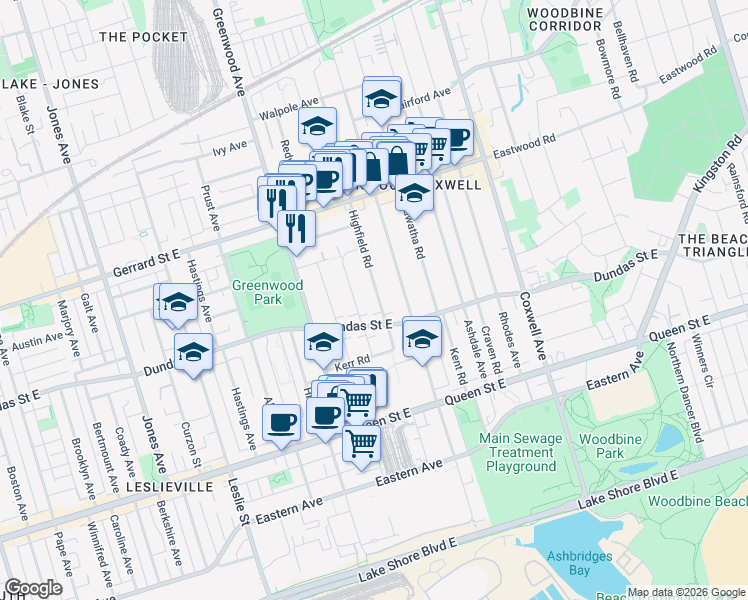 map of restaurants, bars, coffee shops, grocery stores, and more near in Toronto