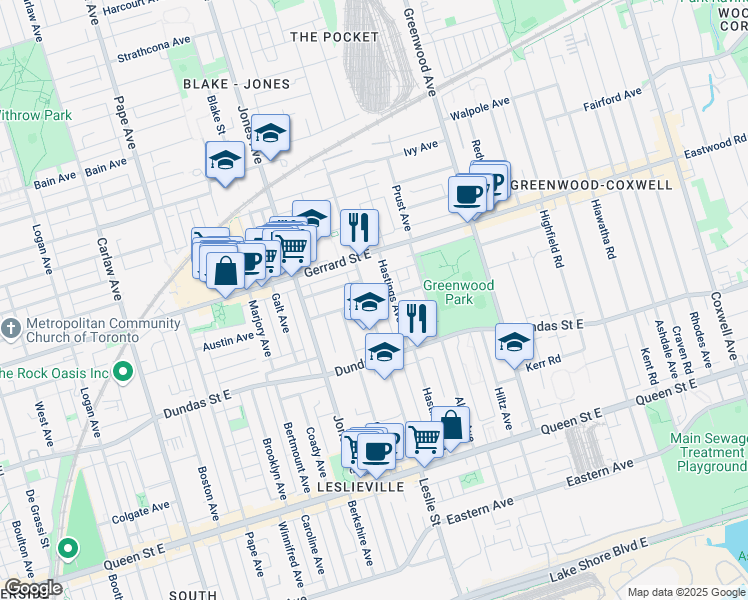 map of restaurants, bars, coffee shops, grocery stores, and more near in Toronto