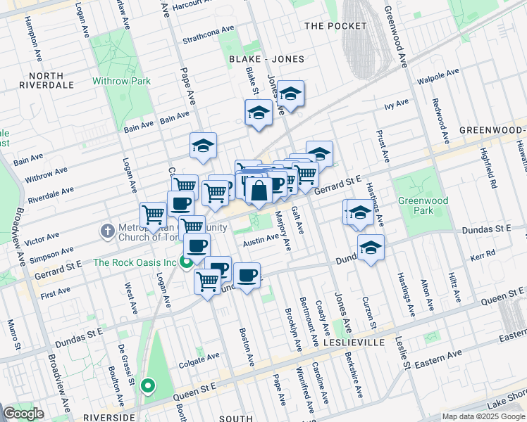 map of restaurants, bars, coffee shops, grocery stores, and more near in Toronto