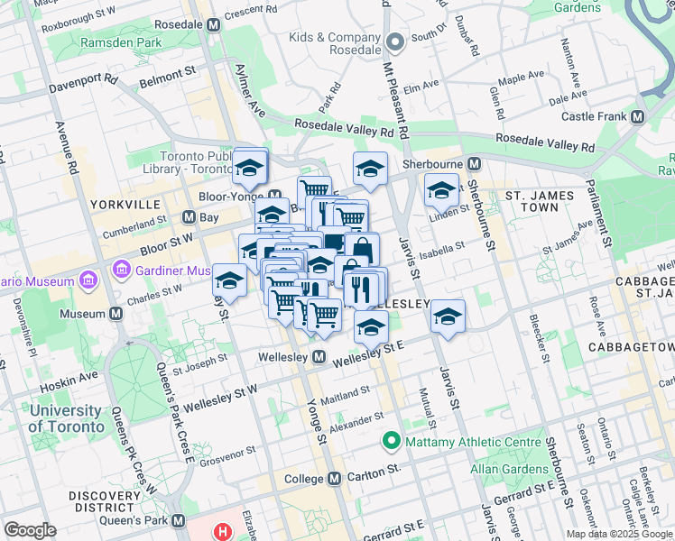 map of restaurants, bars, coffee shops, grocery stores, and more near 55 Isabella Street in Toronto