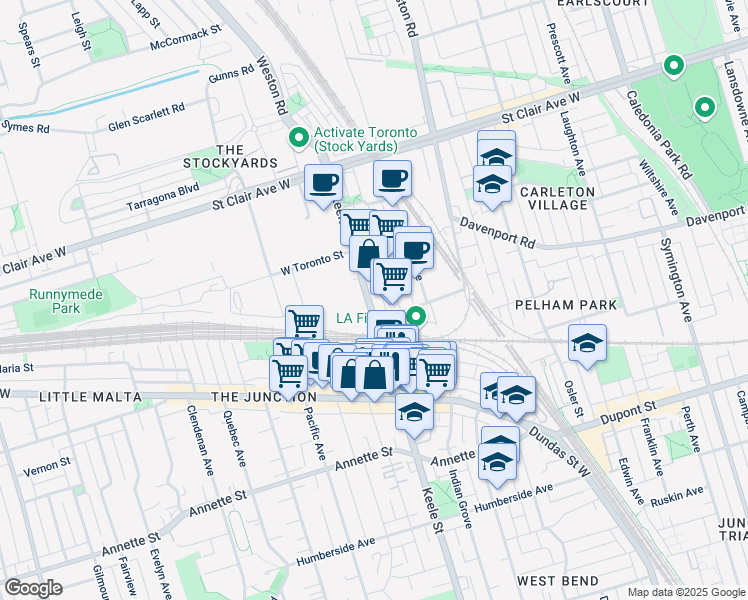map of restaurants, bars, coffee shops, grocery stores, and more near 2 Mulock Avenue in Toronto