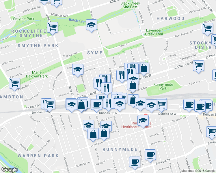 map of restaurants, bars, coffee shops, grocery stores, and more near in Toronto