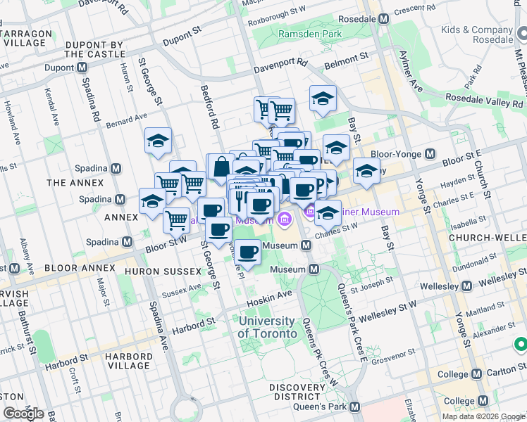 map of restaurants, bars, coffee shops, grocery stores, and more near 210 Bloor Street West in Toronto