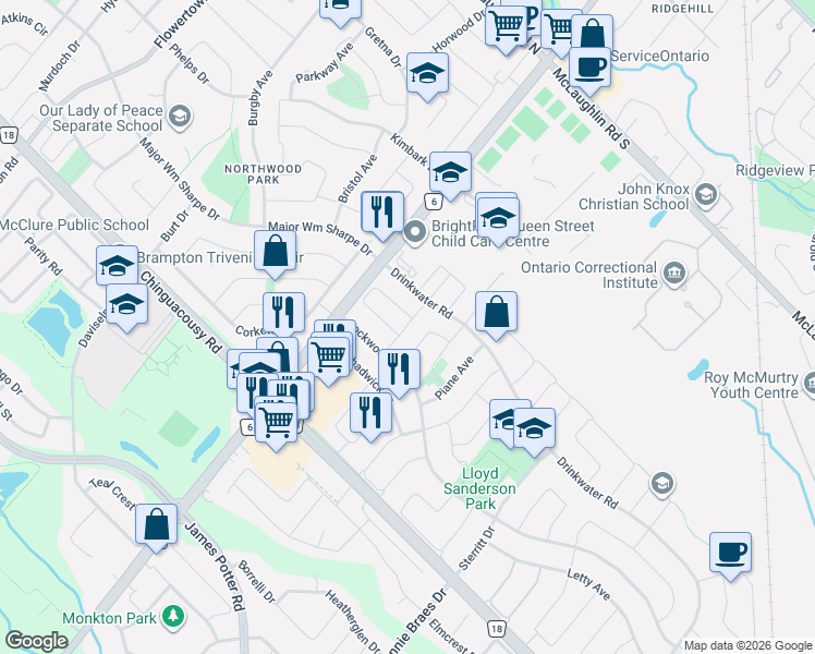 map of restaurants, bars, coffee shops, grocery stores, and more near 17 Francis Lundy Street in Brampton