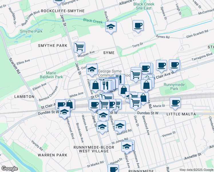 map of restaurants, bars, coffee shops, grocery stores, and more near 12 Batavia Avenue in Toronto