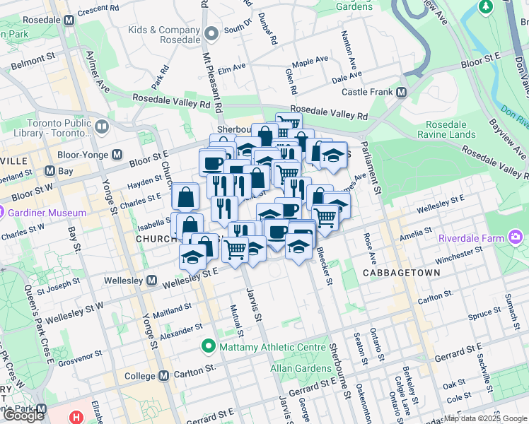 map of restaurants, bars, coffee shops, grocery stores, and more near 18 Earl Street in Toronto