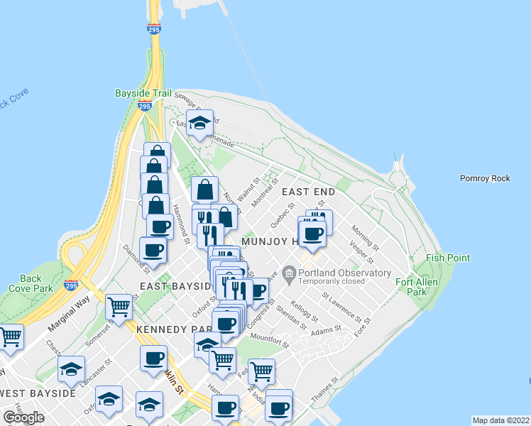 map of restaurants, bars, coffee shops, grocery stores, and more near 57 Melbourne St in Portland