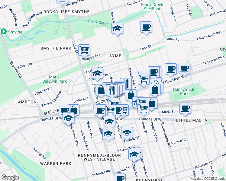 map of restaurants, bars, coffee shops, grocery stores, and more near 12 Batavia Avenue in Toronto