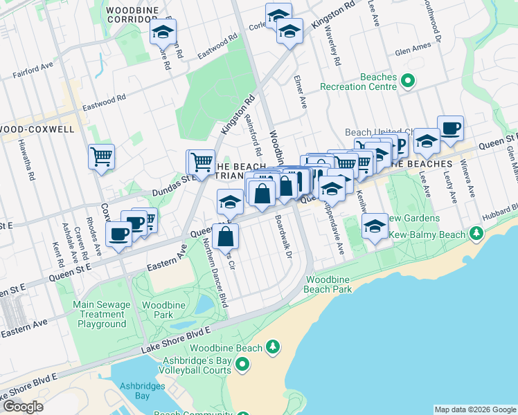 map of restaurants, bars, coffee shops, grocery stores, and more near 1842 Queen Street East in Toronto