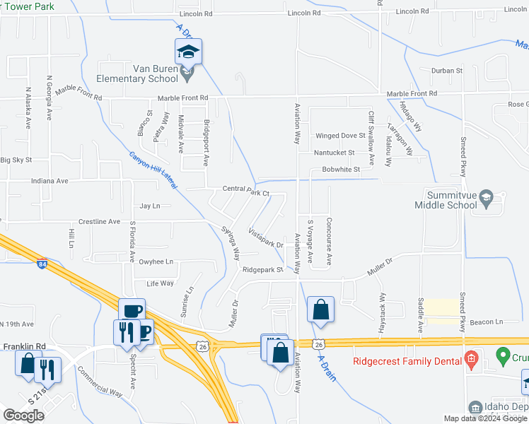 map of restaurants, bars, coffee shops, grocery stores, and more near 211 Parkmont Way in Caldwell