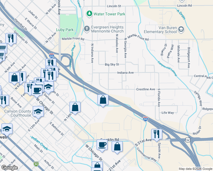 map of restaurants, bars, coffee shops, grocery stores, and more near 216 Crestline Avenue in Caldwell