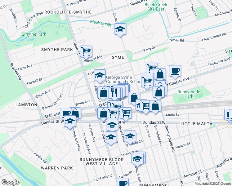 map of restaurants, bars, coffee shops, grocery stores, and more near in Toronto