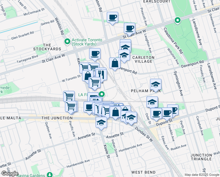 map of restaurants, bars, coffee shops, grocery stores, and more near 25 Junction Road in Toronto