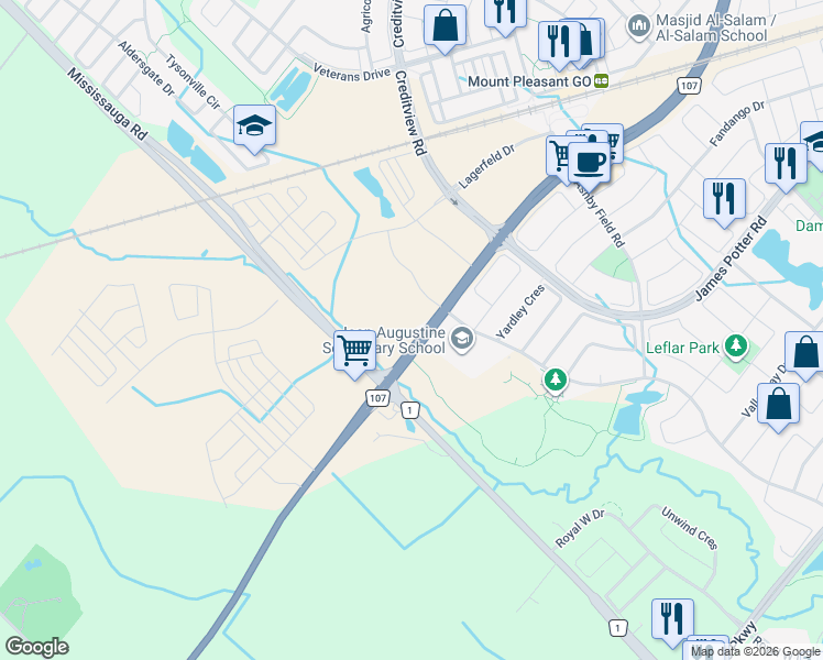 map of restaurants, bars, coffee shops, grocery stores, and more near 20 All Nations Drive in Brampton