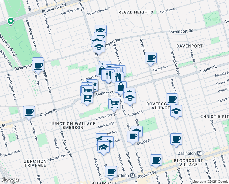 map of restaurants, bars, coffee shops, grocery stores, and more near 1153 Dupont St in Toronto