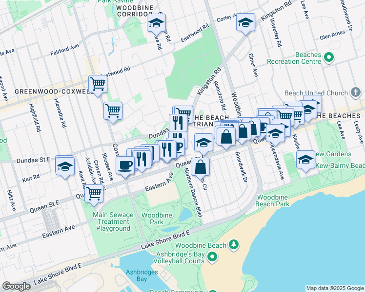 map of restaurants, bars, coffee shops, grocery stores, and more near 55 Kingston Road in Toronto
