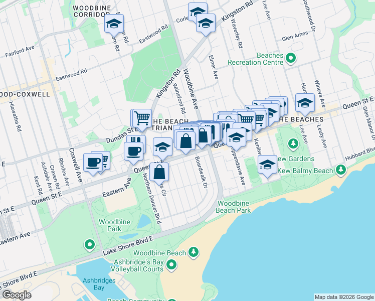 map of restaurants, bars, coffee shops, grocery stores, and more near 1852 Queen Street East in Toronto