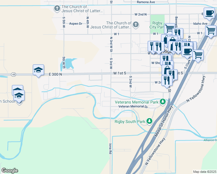 map of restaurants, bars, coffee shops, grocery stores, and more near 368 South 3rd West in Rigby
