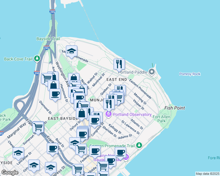 map of restaurants, bars, coffee shops, grocery stores, and more near 41 Merrill Street in Portland